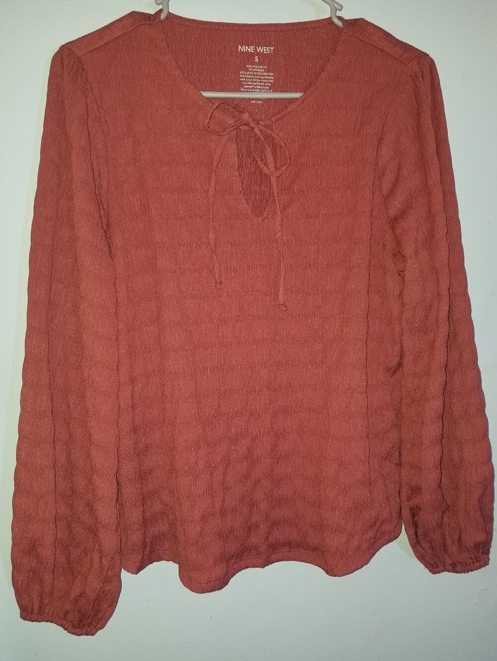 Nine West Women's Rust Tie Neck Long Sleeve Top Blouse Small